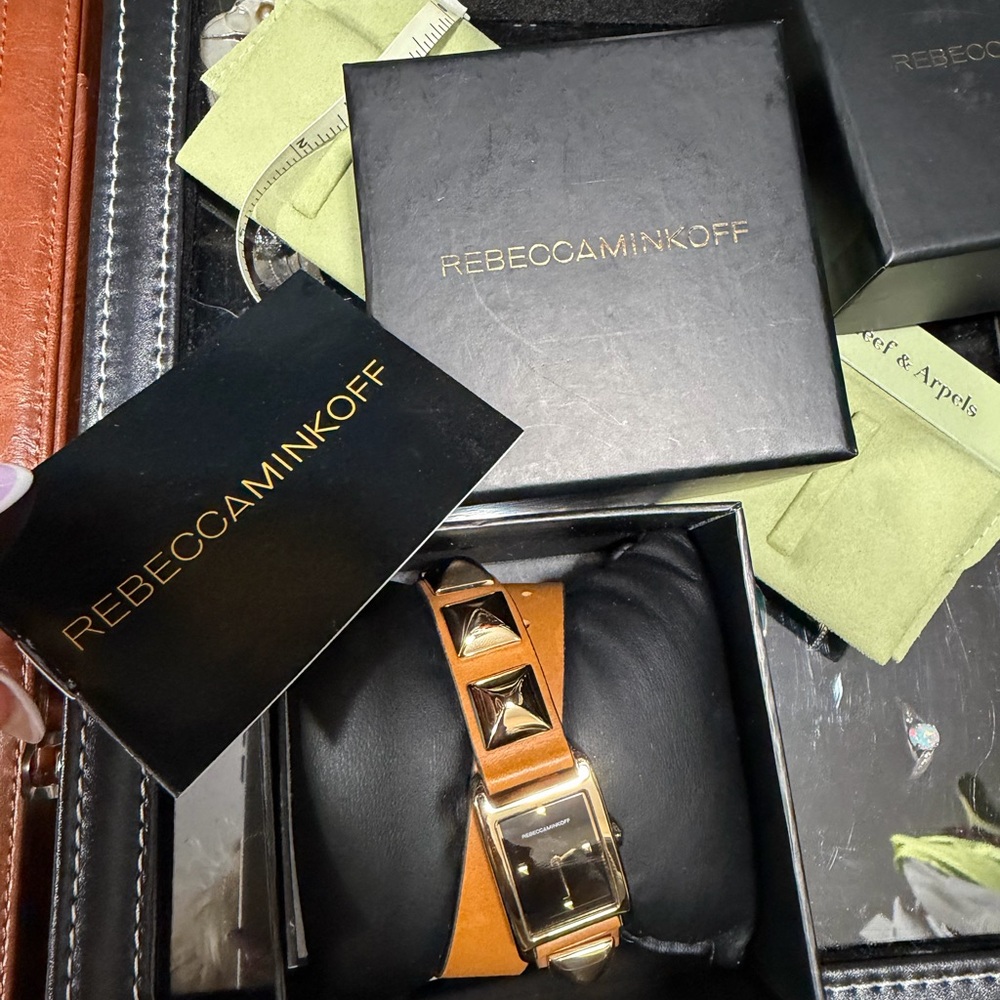 New Rebecca Minkoff Moment gold-tone studded leather wrap watch black dial